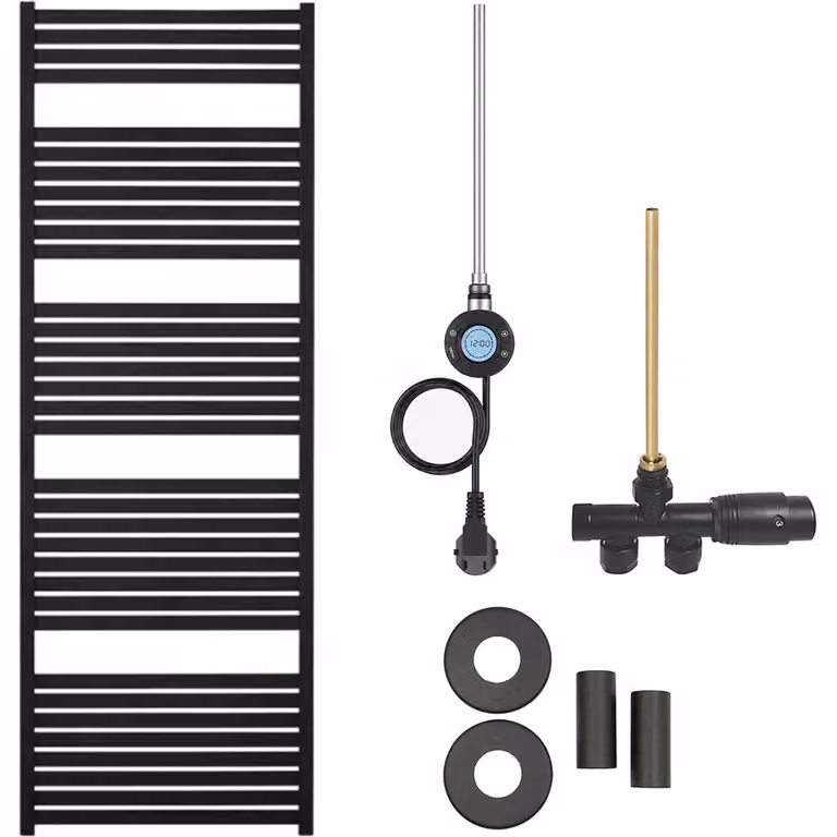 Kit radiatore per bagno Vincenzo - riscaldamento combinato, antenna Wi-Fi - collegamento laterale a un punto - 600W - nero opaco - 1690x600 mm