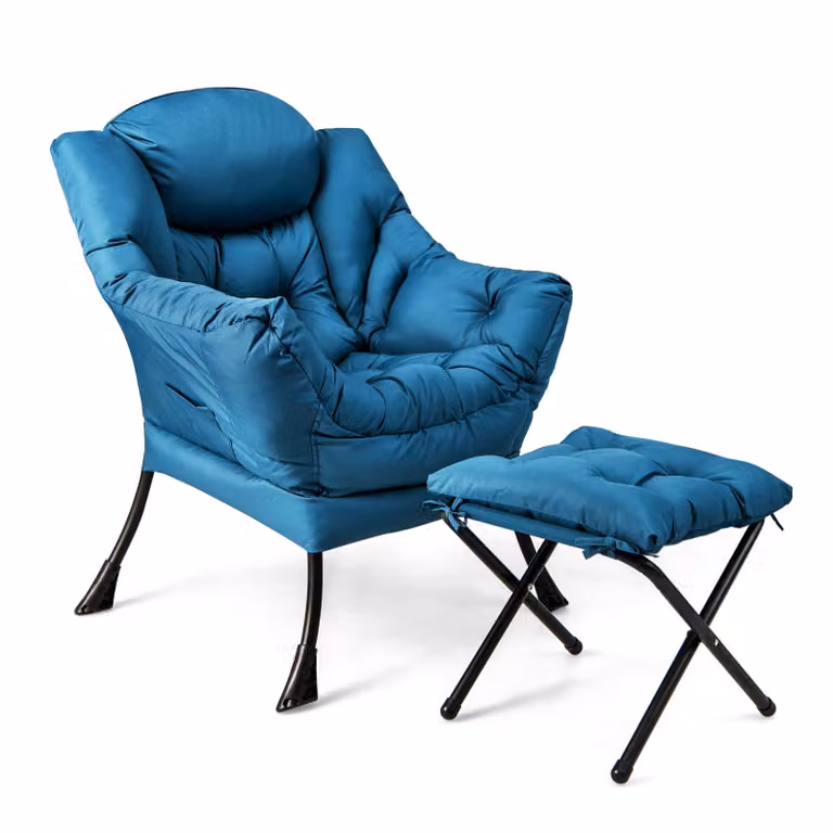 Poltrona COSTWAY con poggiapiedi, poltrona reclinabile con braccioli, tasca laterale e poggiapiedi, poltrona lounge, poltrona da TV, poltrona a orecchie blu