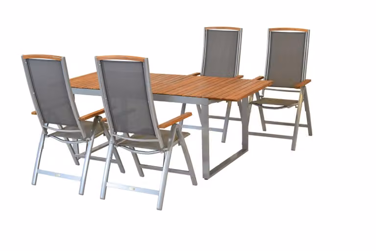 Set di mobili da giardino Merxx Siena 5 pezzi, 4 poltrone pieghevoli, tavolo allungabile 150 (200) x 90 cm, argento/grigio - alluminio/tessuto/acacia