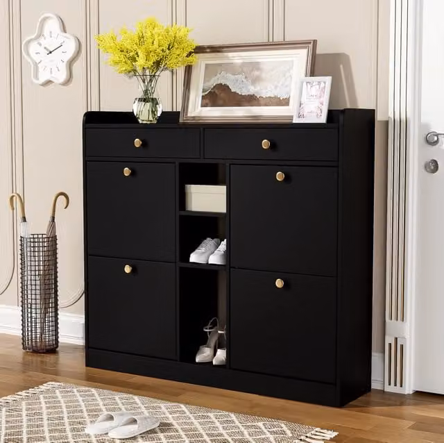 Scarpiera ULEVR 110x26x100 cm con 4 ante a ribalta, 2 cassetti e 3 vani aperti, nera