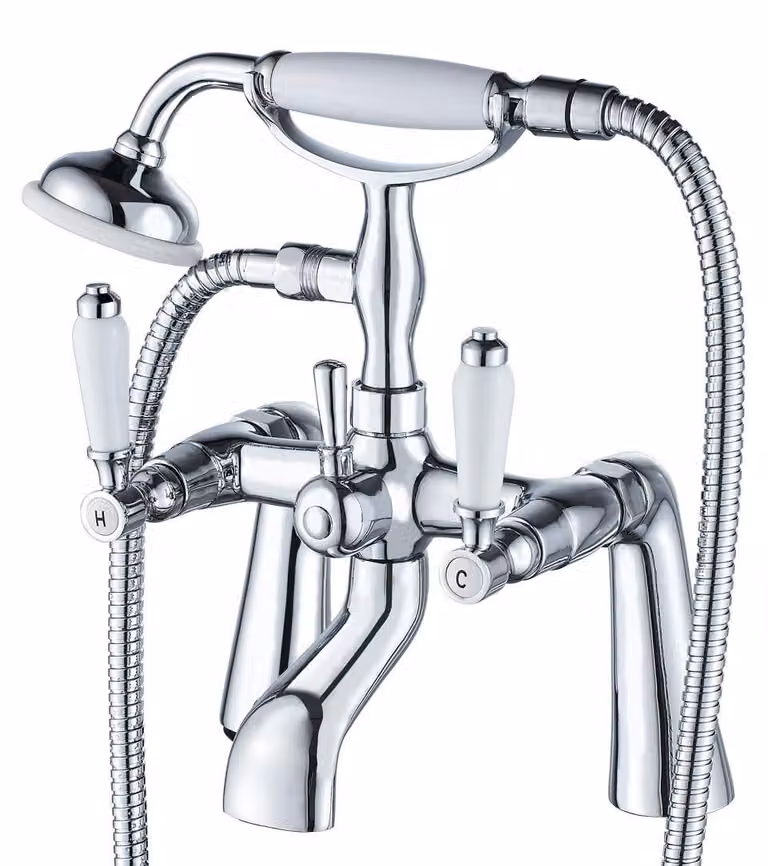 Miscelatore per lavabo a cascata con doccetta, rubinetto a due maniglie, in ottone