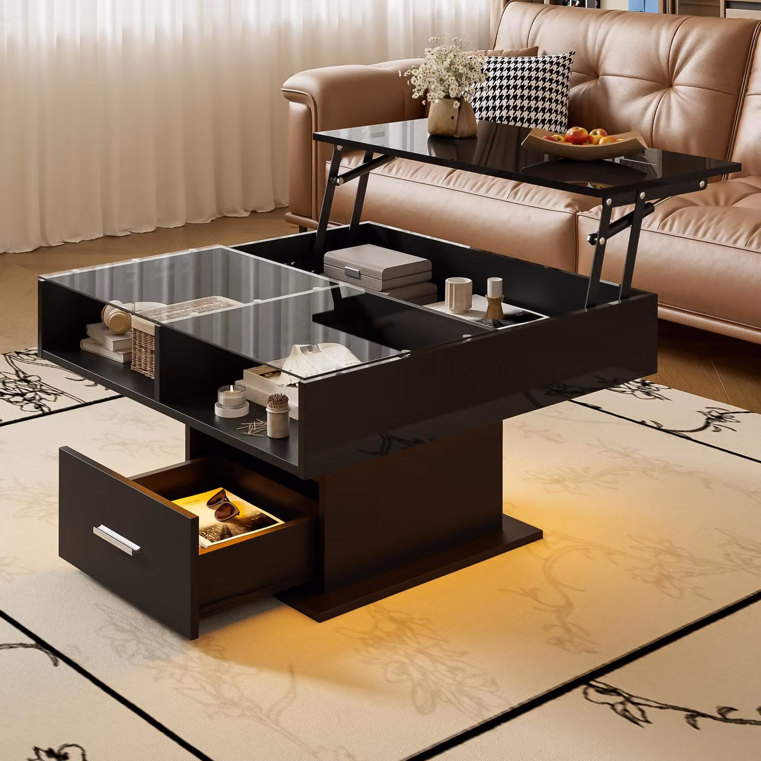 okwish Tavolino regolabile lucido con striscia luminosa a LED integrata, con cassetto e vano a giorno, tavolino elevabile con ripiano in vetro, nero