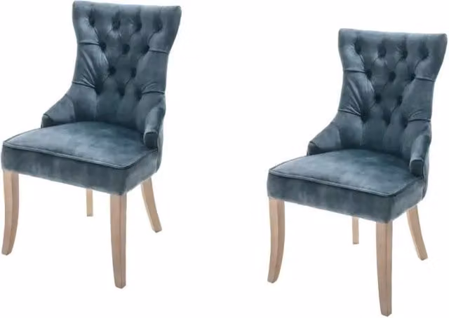 Set di 2 sedie REGINA blu grigiastro in velluto trapuntato – Anello argentato e gambe in legno chiaro