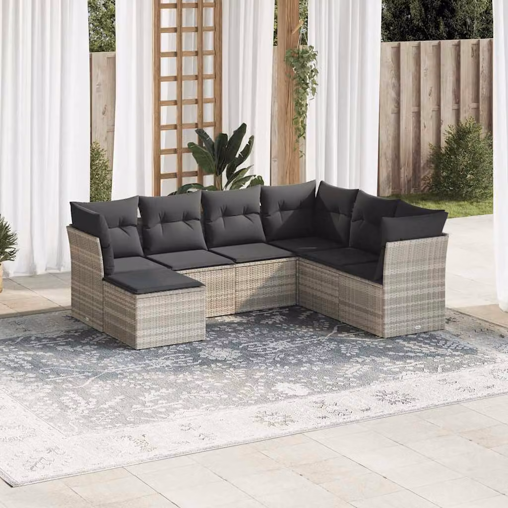 vidaXL Set Divani da Giardino 7pz in Polyrattan Grigio con Cuscini Imbottiti e Rivestimenti Rimovibili – 1