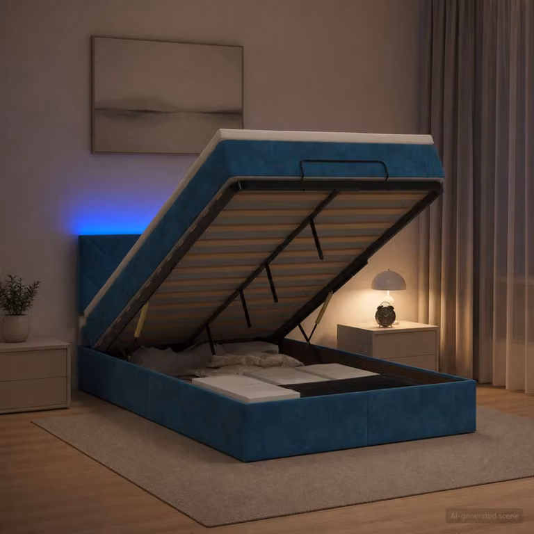 vidaXL Letto Ottomano Moderno in Velluto Blu con Materasso Ibrido e Illuminazione LED Sotto il Letto L: 200 cm, P: 120 cm, H: 88 cm