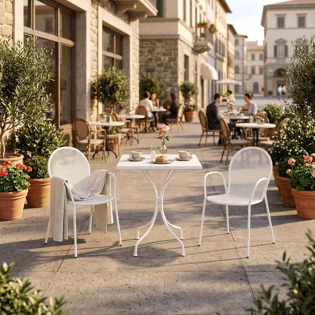 Milani Home - Set tavolo in metallo cm 60 x 60 x 72 h con 2 poltrone da giardino per esterno colore bianco - Bianco