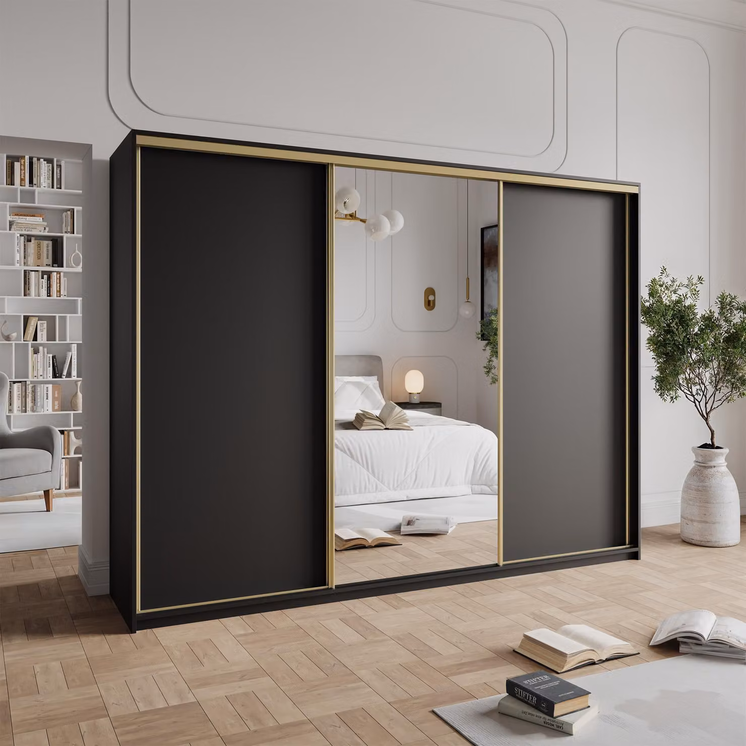 Armadio scorrevole Masseno TAVI 250/205/60 cm Armadio con 4 cassetti Armadio per camera da letto a 3 ante con specchio Nero