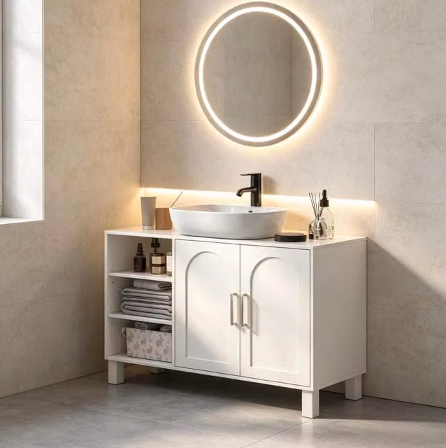 Mobile sottolavabo crema 90x30x63 cm con ripiani e vano U per lavabo sospeso