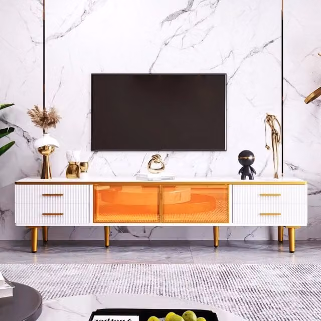 Mobile TV con LED ¨C Xylo ¨C Marmo, Cassetti, Ante in Vetro Marrone, 170x37x47,5 cm