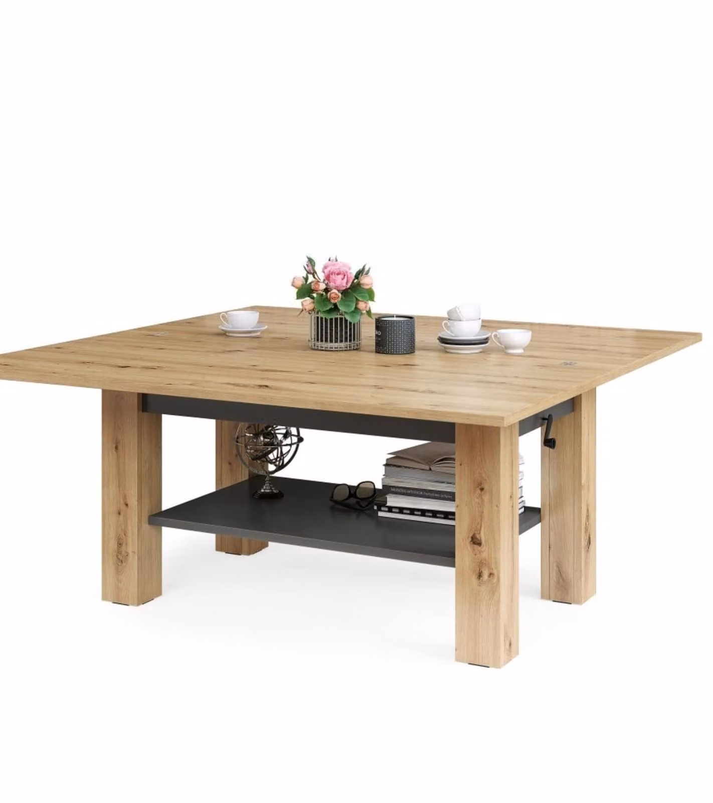 All4All Tavolino Bresso Artisan Oak+Anthracite, 130x65 , Tavolo da soggiorno , Tavolo pieghevole , Tavolino regolabile in altezza, con vano portaoggetti , Tavolo da divano