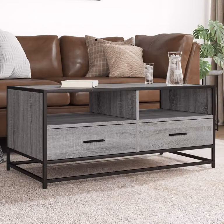 Tavolino da soggiorno vidaXL in stile industriale, colore grigio, realizzato in legno e metallo, L 100 cm x P 50 cm x H 45 cm