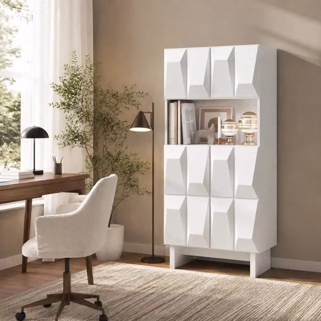 Vetrina con 4 ante vano aperto e ripiano regolabile per soggiorno studio in truciolare bianco 60,5 × 34 × 135,5 cm