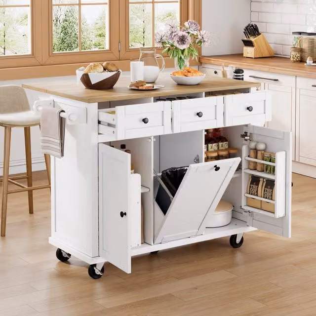 Isola da cucina mobile Zephmum con estensione tavolo, cassonetto e cassetti, Bianco opaco, L: 131,2 cm, P: 48,0 cm, H: 92,7 cm