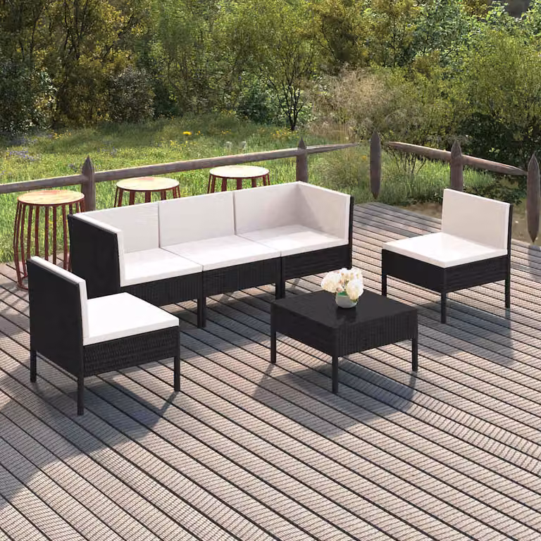 vidaXL Set Divani da Giardino a L con Tavolino da Caffè 6 pz, Polyrattan Nero e Bianco con Cuscini Rimovibili