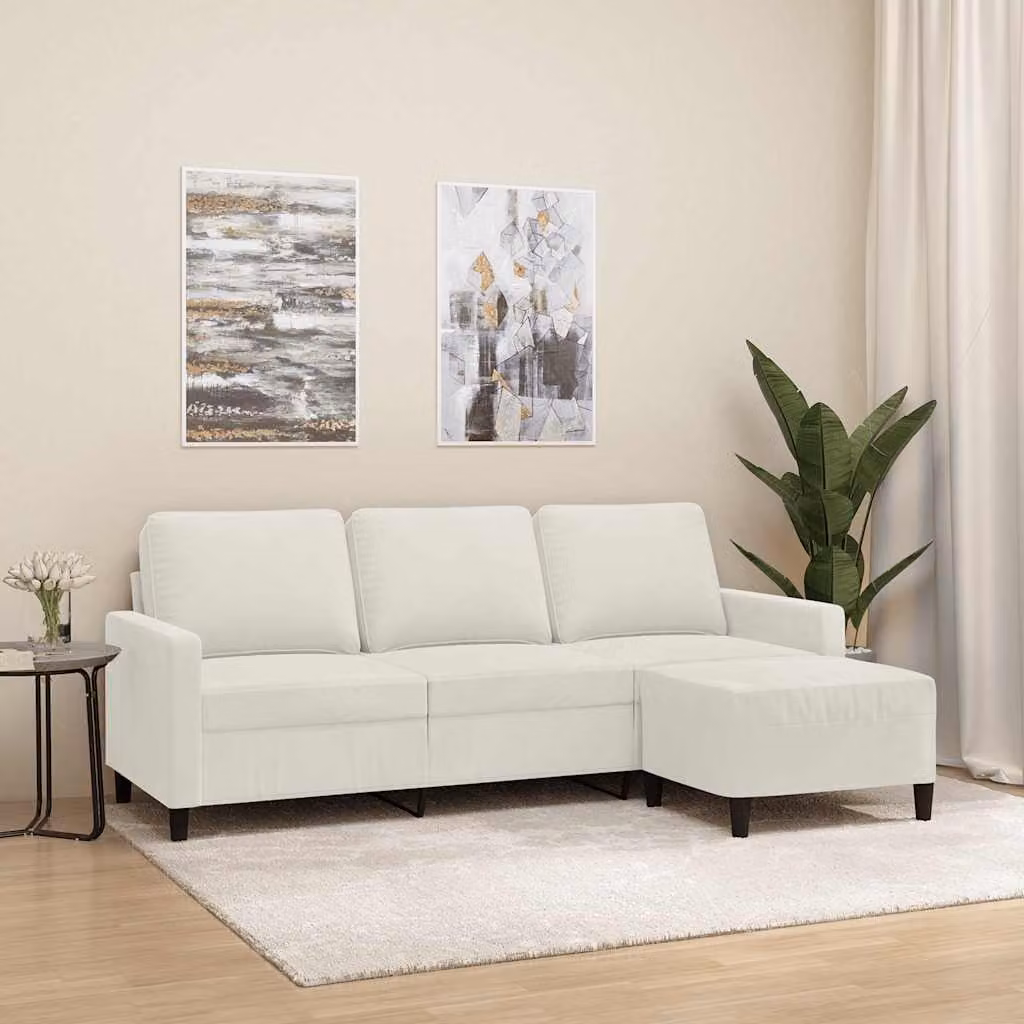 vidaXL Divano a 3 Posti con Poggiapiedi in Velluto Beige L: 198 cm, P: 80 cm, H: 77 cm – 1