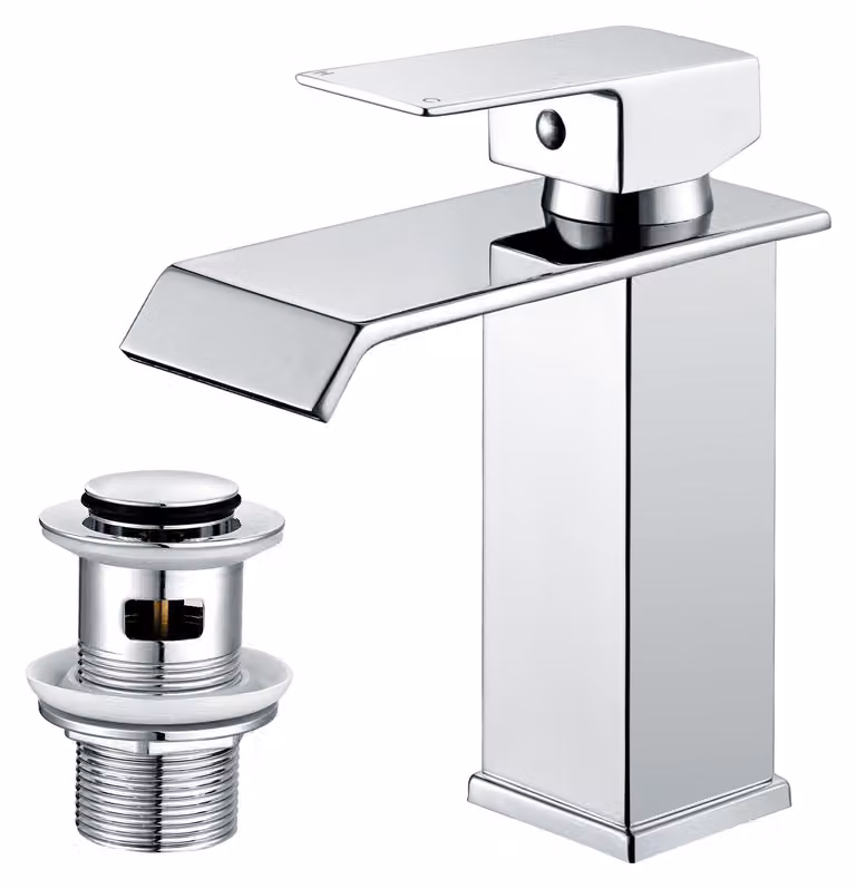 Miscelatore per lavabo a cascata, in acciaio inossidabile, cromato, con tappo a salvagoccia integrato