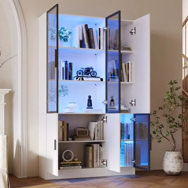 Vetrina alta 200 cm con 3 ante in vetro e LED; 120x35 cm; bianco; in truciolare