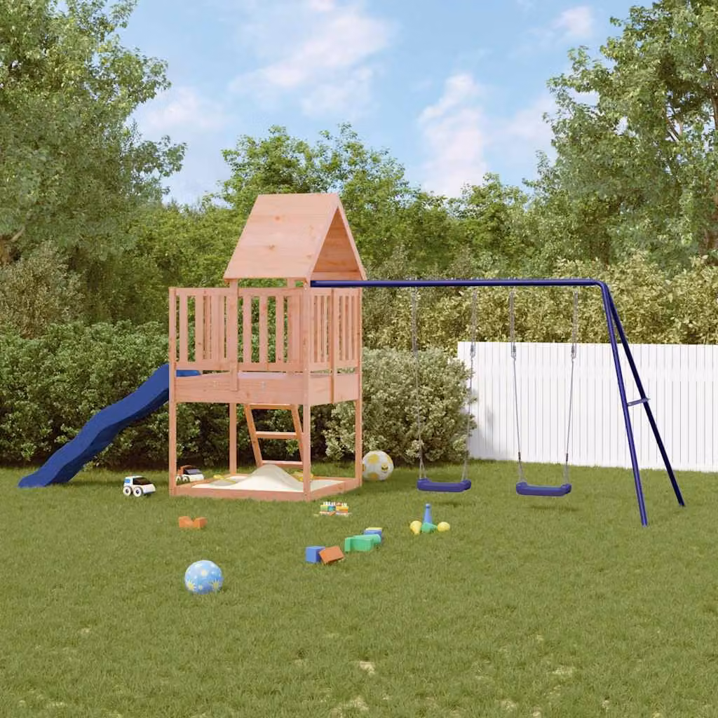 vidaXL Set da Gioco da Esterno in Legno di Douglas con Scivolo, Altalena e Sabbiera, Colore Marrone e Blu, L: 235 cm, P: 228 cm, H: 235 cm