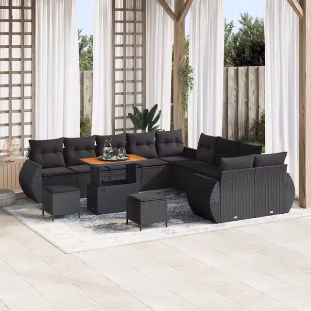 Set Divano da Giardino vidaXL a Forma a U con 13 Posti, Colore Nero, con Tavolino, Pouf e Cuscini, Struttura in Acciaio Verniciato a Polvere e Tessuto Resistente ai Raggi UV – 1