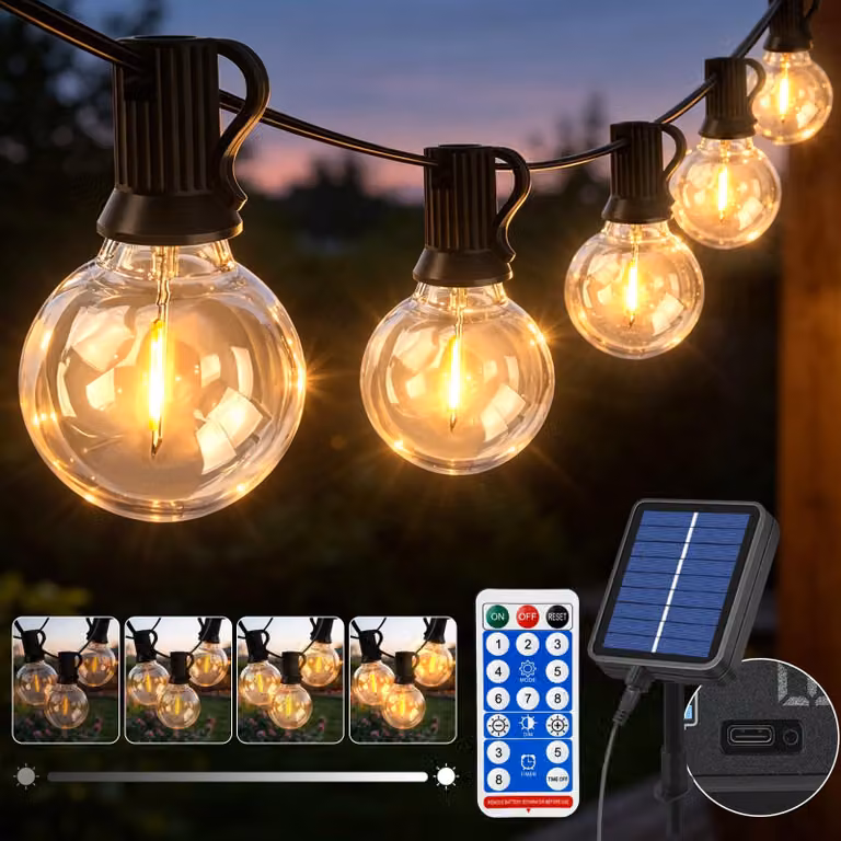 Catena luminosa solare, 15 metri, 22 LED G40, luce bianco caldo, grado di protezione IP44, con telecomando