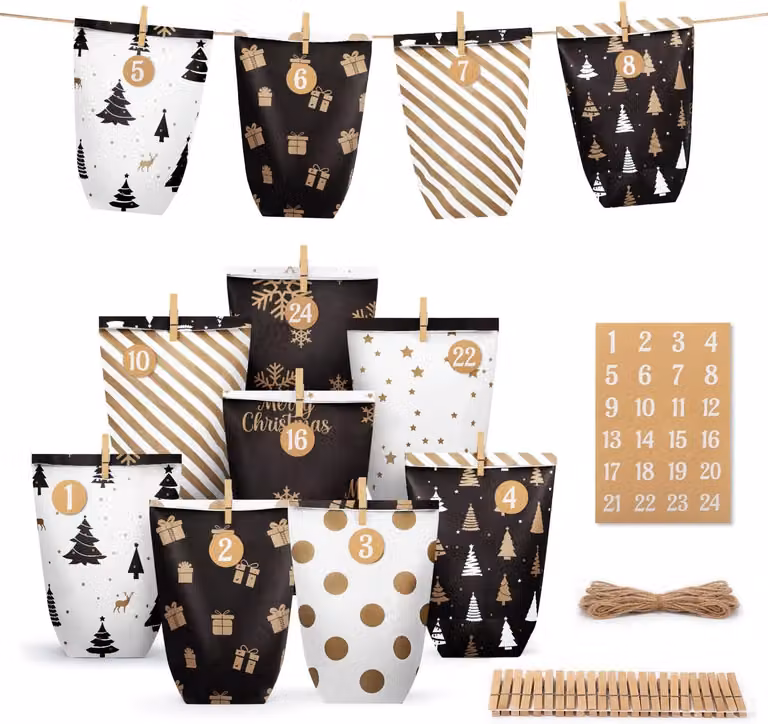 Calendario dell'Avvento da Riempire - 24 Sacchetti Regalo a Tema Natalizio - Sacchetti di Carta per l'Avvento da Riempire con Adesivi Numerati - Mollette di Legno