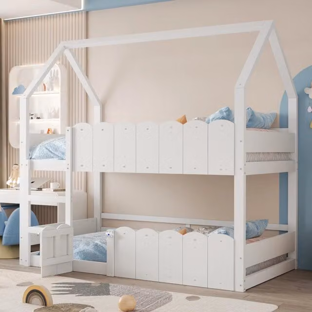 Letto a castello per bambini WISHDOR con design a casetta in legno massiccio, sponde di sicurezza e scaletta, colore bianco, L/P/H: 200 x 90 x 120 cm