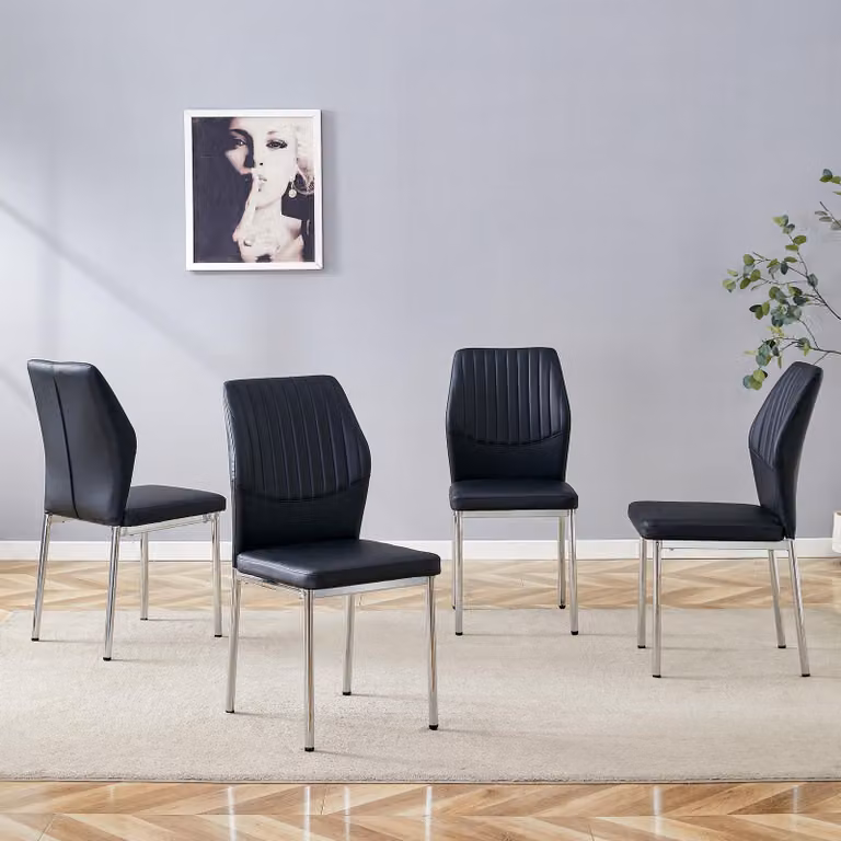 Set di 4 sedie da pranzo, schienale in poliuretano con motivo decorativo, gambe in metallo, stile lussuoso e leggero (nero e argento)
