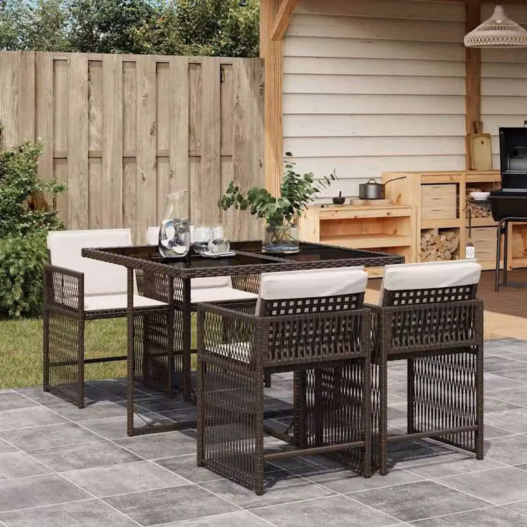 Set da Pranzo da Giardino vidaXL in Polyrattan Marrone con Cuscini e Tavolo in Vetro 5pz