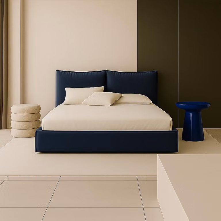 Letto matrimoniale imbottito Sofello, blu, con cuscini sfoderabili con cerniera, superficie di riposo 180 cm, testiera morbida e confortevole in velluto.