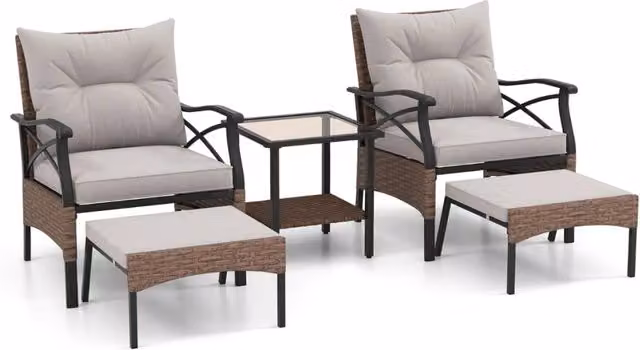 Set di 5 mobili da giardino in rattan, Sedie da esterno con poggiapiedi cuscini e tavolino in vetro temperato Marrone