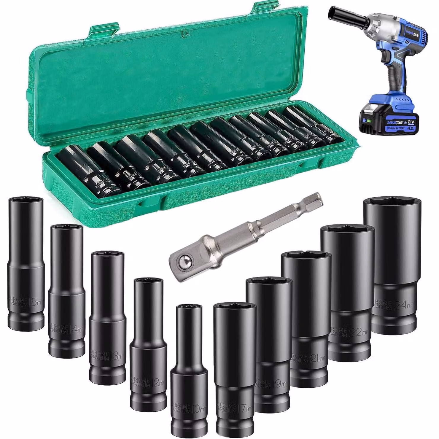 Set di chiavi a bussola da 11 pezzi, 1/2", da 10 a 24 mm, con prolunga e custodia, per auto