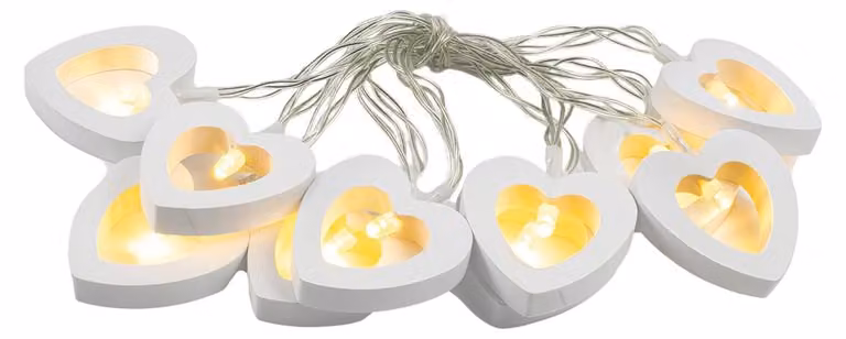Catena luminosa a forma di cuore in legno, con 10 LED bianco caldo, lunghezza 2 metri, alimentata a batteria