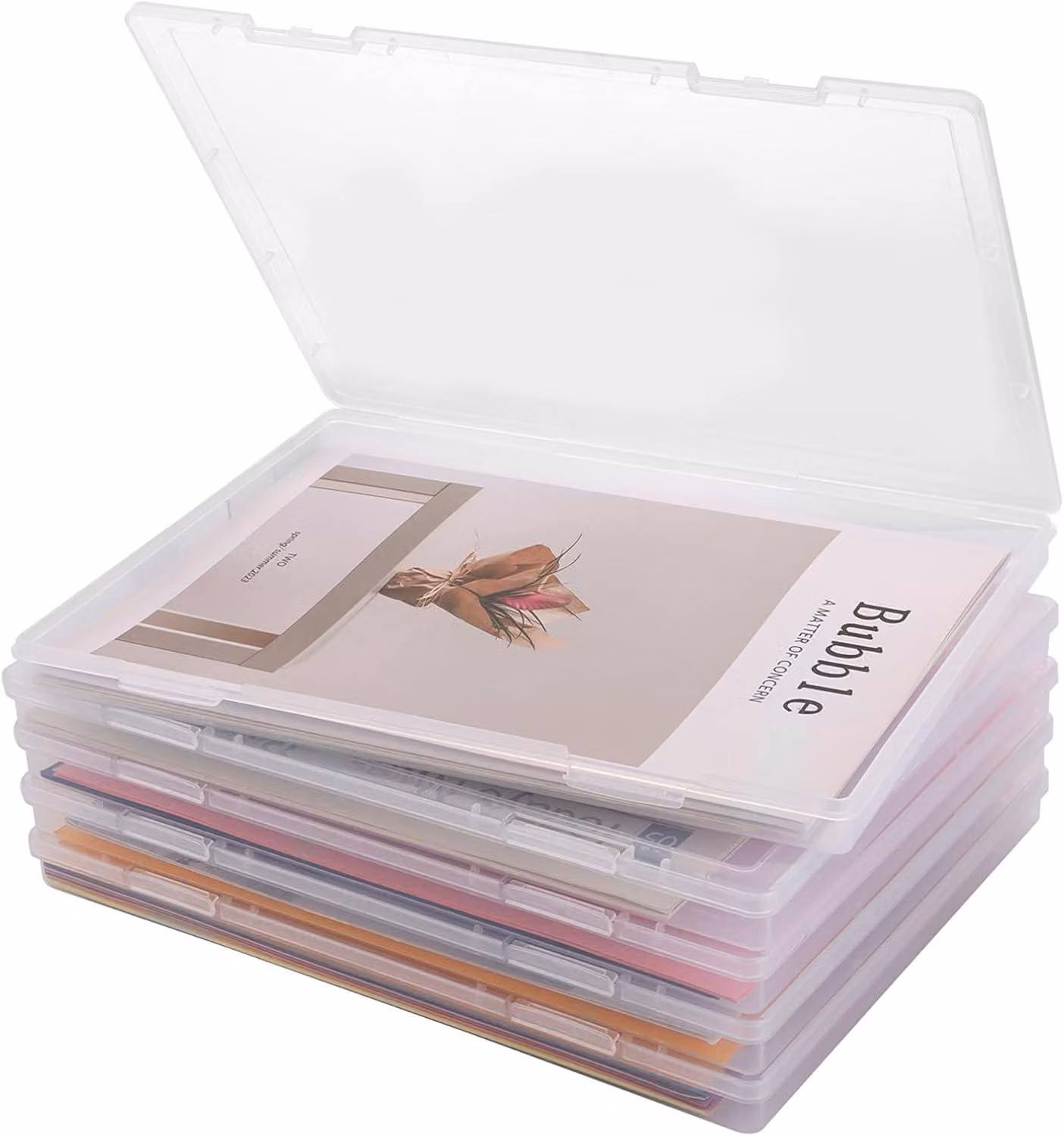Scatole di archiviazione formato A4, trasparenti, confezione da 5 pezzi, dimensioni 30,5 x 22,3 x 2,3 cm, ideali per documenti