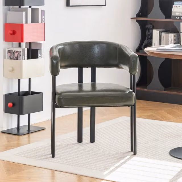 Sedia da Pranzo Minimal con Braccioli in Similpelle Verde e Gambe in Metallo