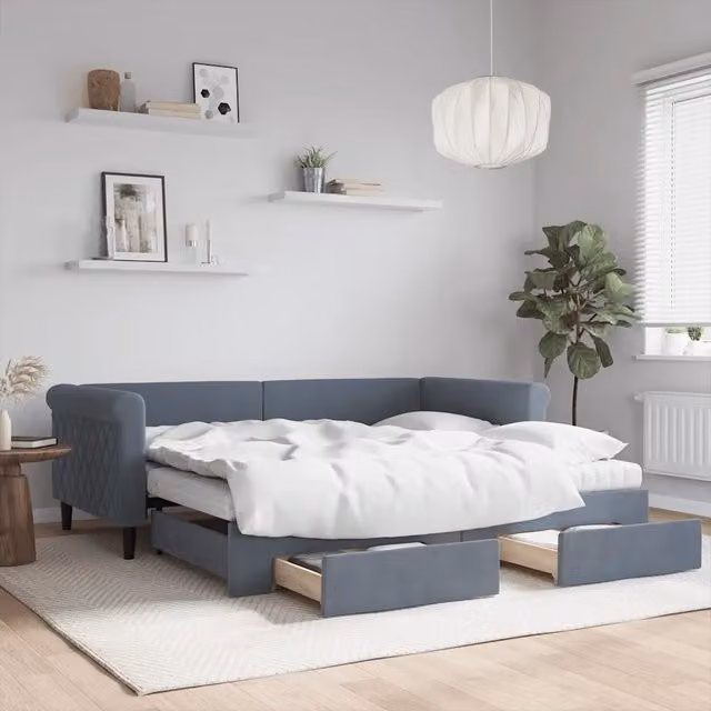 Divano Letto Estraibile con Cassetti vidaXL in Velluto Grigio per Soggiorno e Camera da Letto L/P/H: 190 x 90 cm