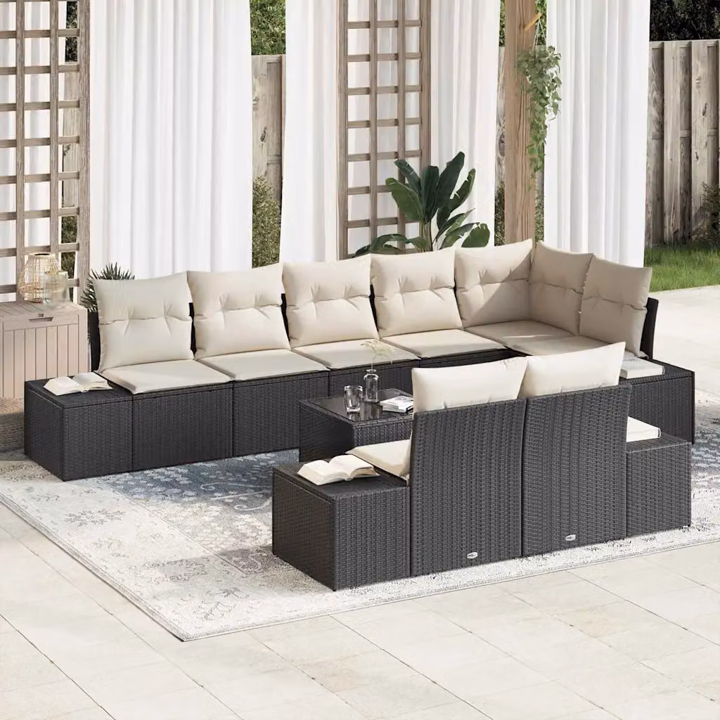 Set Divano da Giardino vidaXL 9 Pezzi Moderno a Forma di L con Tavolino e Cuscini Nero e Beige – 1