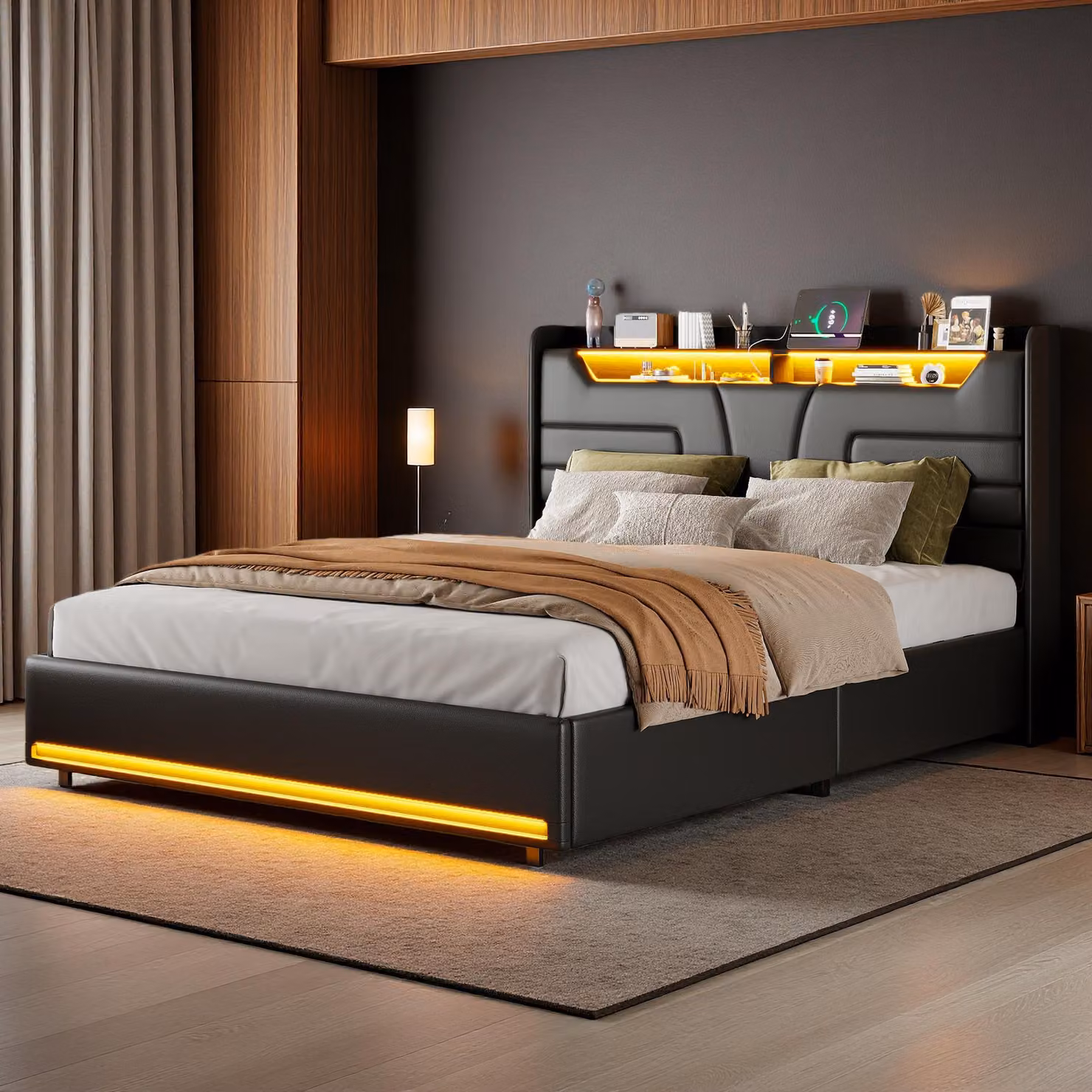 UnboxG Letto imbottito 160x200 cm con contenitore, LED e USB, letto matrimoniale in Finto cuoio nera con contenitore e rete a doghe