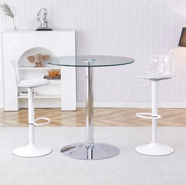 Set bar con tavolo rotondo in vetro ?89 cm e 2 sgabelli girevoli regolabili