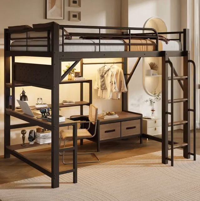 Letto a soppalco 140x200 cm con scrivania; ripiani; cassetti in tessuto; LED e USB; nero
