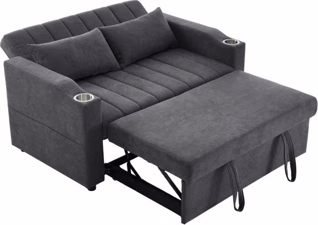 Divano letto multifunzionale 2 posti in lino con schienale regolabile e porta bicchieri, dimensioni 136x162x84 cm