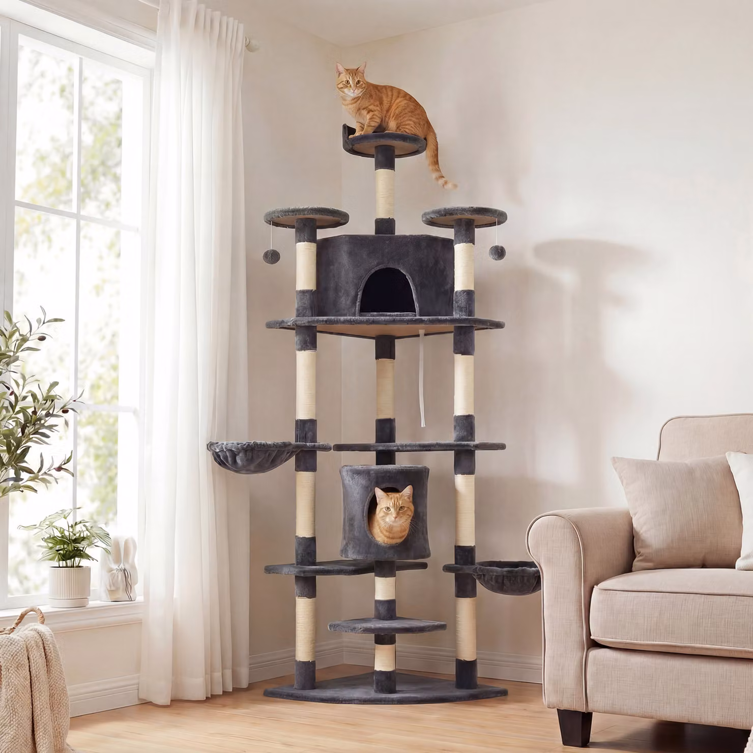 Albero Tiragraffi per Gatti PawHut con Casette e Amache, Grigio Scuro, H 200 x L 60 x P 60 cm – 2