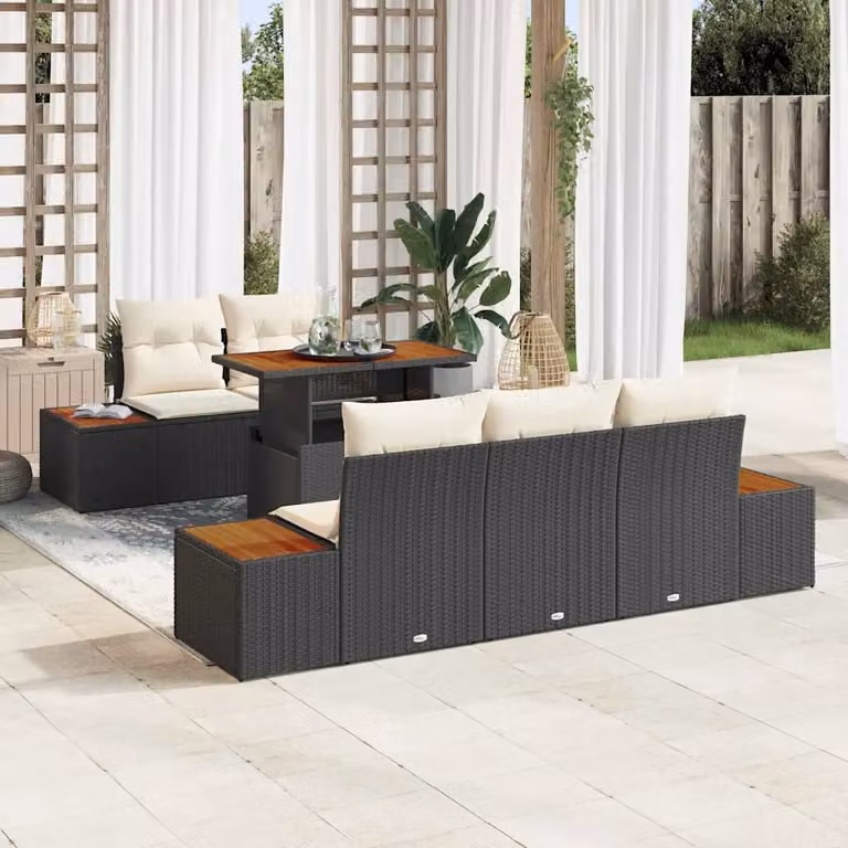 Set Divano da Giardino Moderno vidaXL in Rattan e Metallo, 6 Pezzi, Nero Opaco