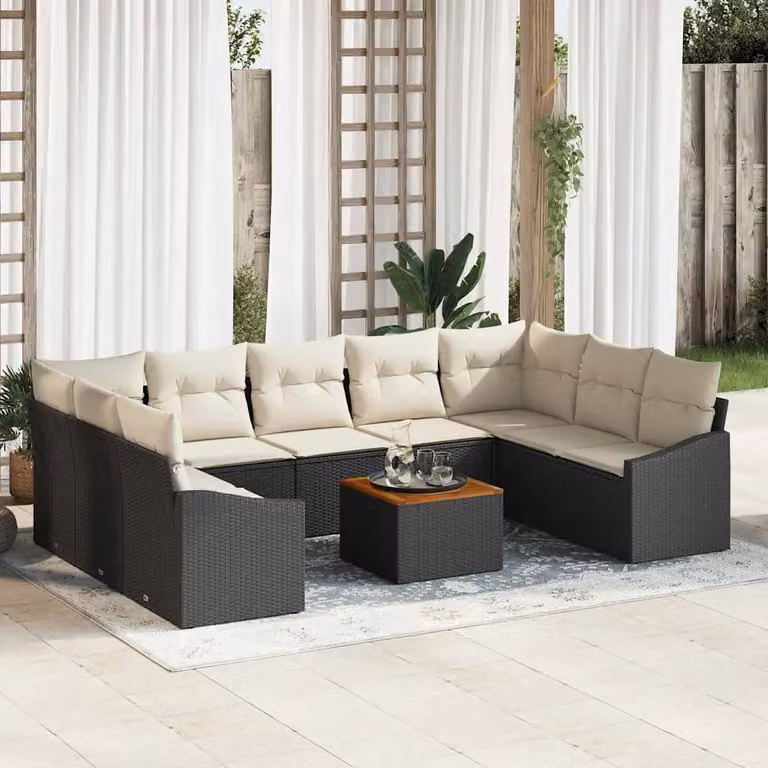 Set Divano da Giardino vidaXL 10 Pezzi a Forma di U con Cuscini Nero e Beige in Polyrattan e Acciaio