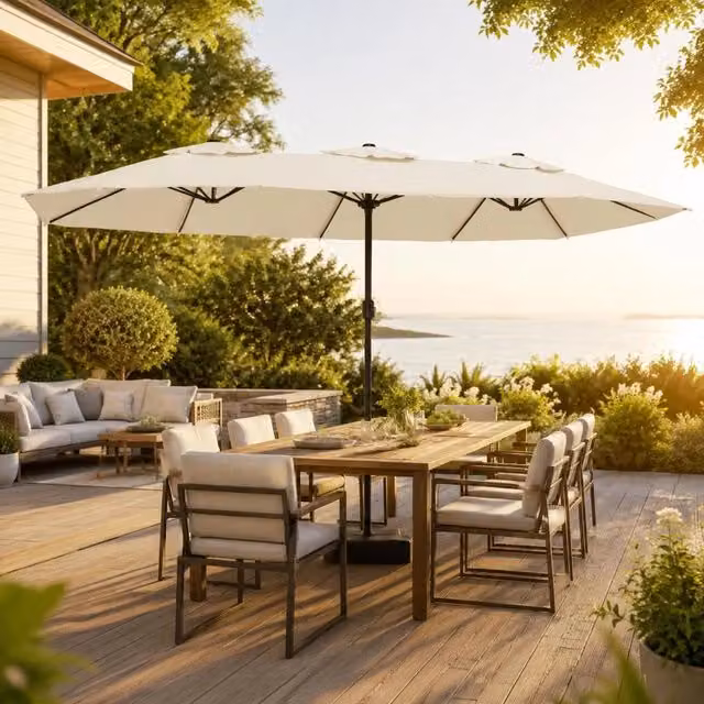 Double Parasol With LED Lights, Sand White, 449x265 Cm