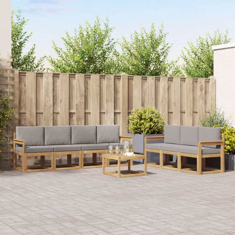 Set di divani da esterno vidaXL 8 pezzi a forma di L con tavolino, in legno di acacia e tessuto resistente ai raggi UV, Bianco e Grigio