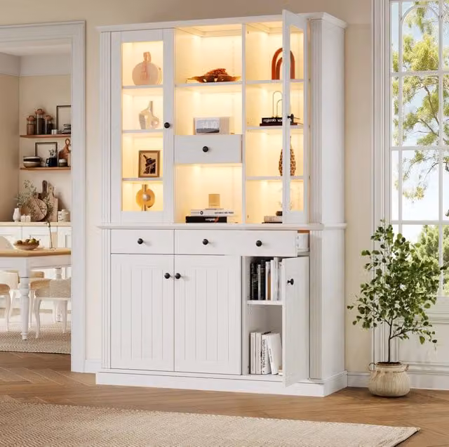 Vetrina alta con LED 119;5 x 40 x 180 cm in MDF e vetro temperato bianco