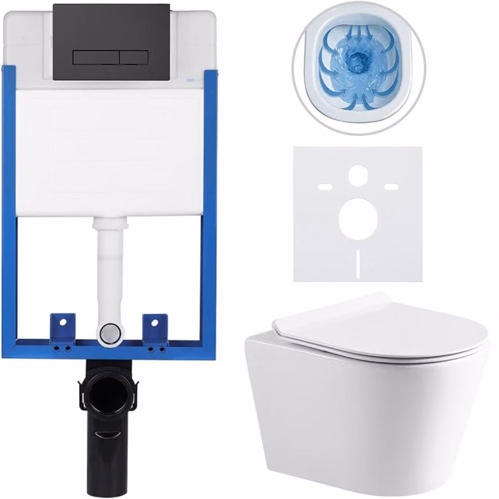 CERANO - Set completo per WC da incasso Lite/Norbi - bianco lucido - pulsante WC Slim, nero opaco - da incasso - 48,5x36,5 cm