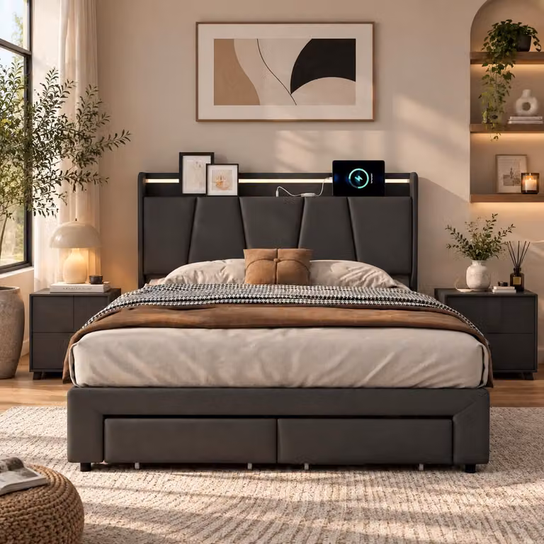 Letto imbottito idraulico INONEFT, 140x200 cm, con LED e USB, 2 cassetti, letto per ragazzi con testiera imbottita e spazio contenitivo, tessuto: lino, colore: grigio scuro