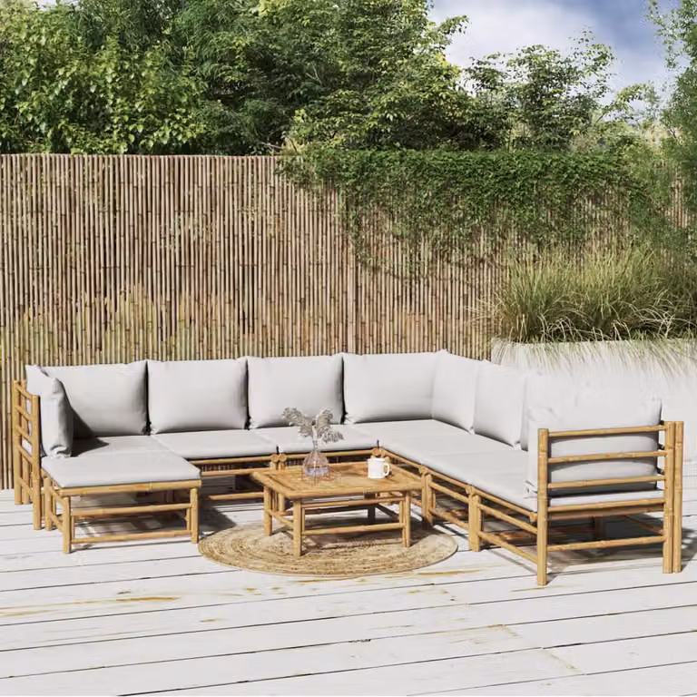 vidaXL Set Salotto da Giardino 9 Pezzi in Bambù con Cuscini Grigio Chiaro e Marrone