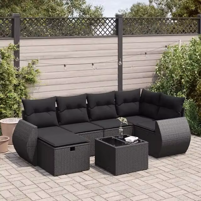 Set Divani da Giardino con Cuscini 7pz Nero Polyrattan 3325591